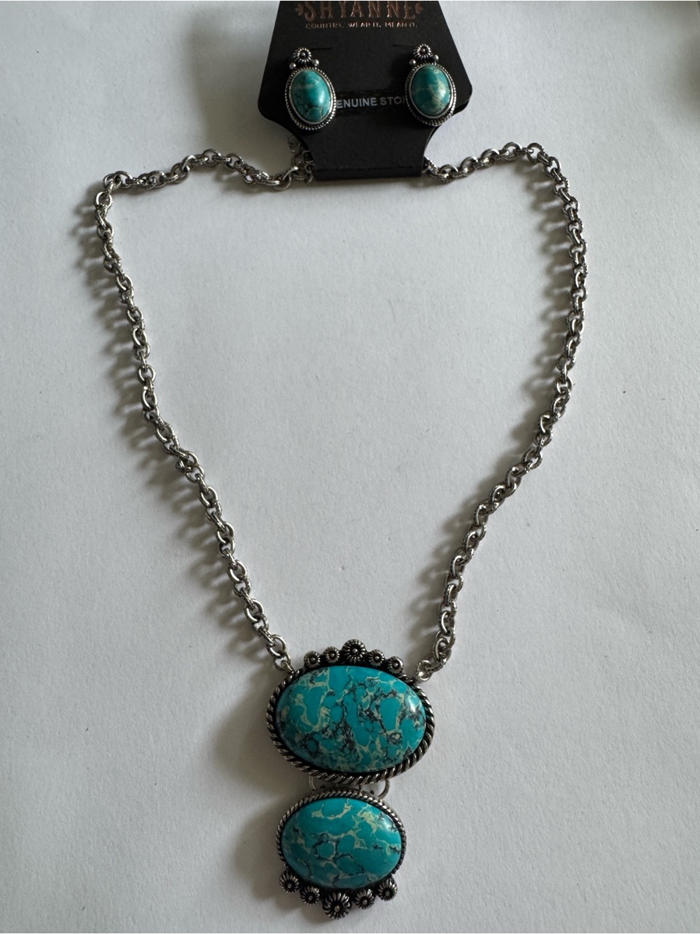 10” Shyanne Turquoise Double Oval Stone Silver-Tone Necklace and Earrings
